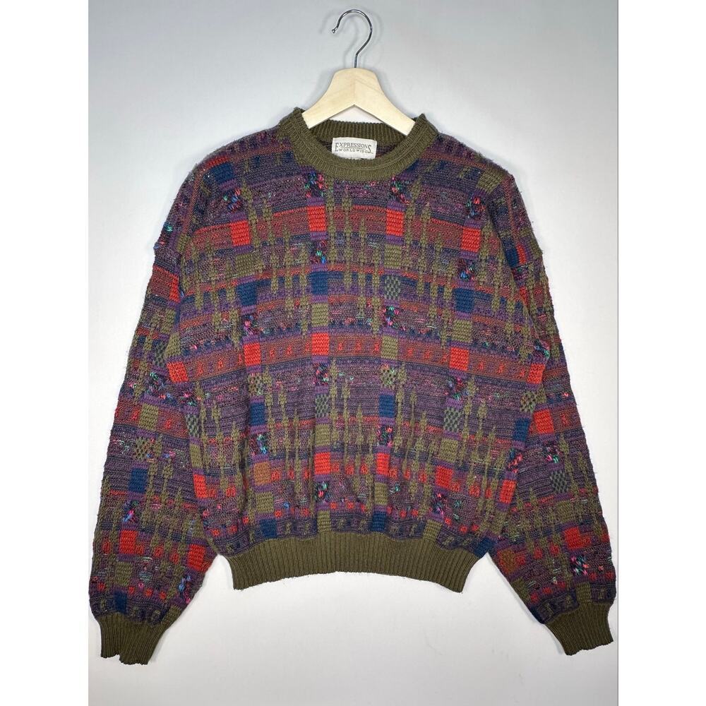 Vintage 1980’s Expressions Worldwide Patchwork Multicolor Men’s Sweater Size Lg